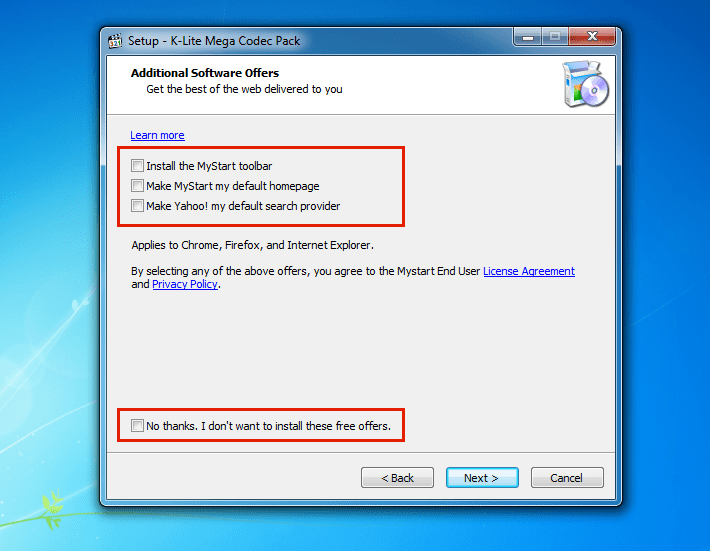 OJO por último asegurense de que las casillas no esten marcadas, para que no se instale ningun otro programa (malware) en nuestra computadora.
