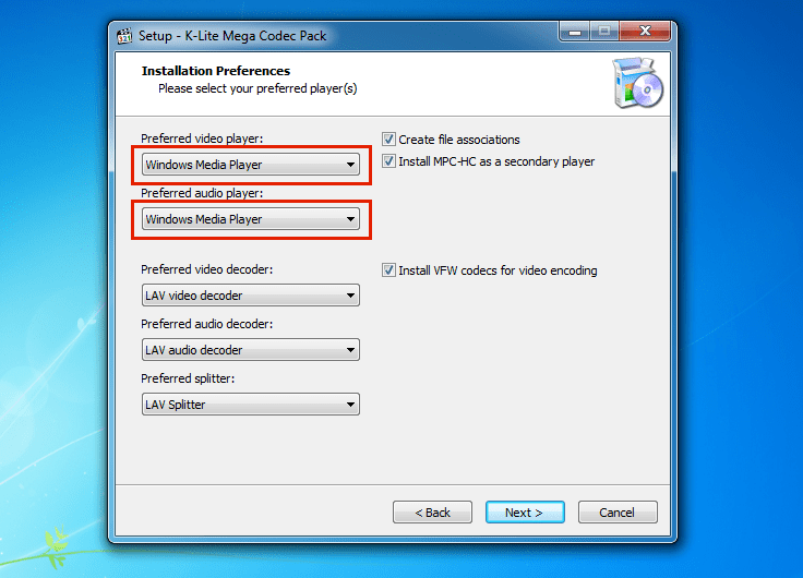 Seleccionar Windows Media Player en las preferencias de Audio y Video