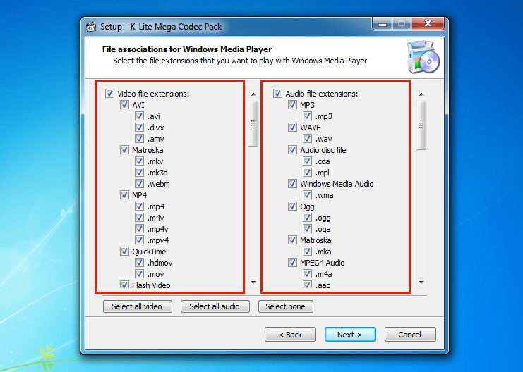 Aquí seleccionamos todos los codec’s de Audio y Video, como podran ver son muchos, asegurense de que estén palomeados todos