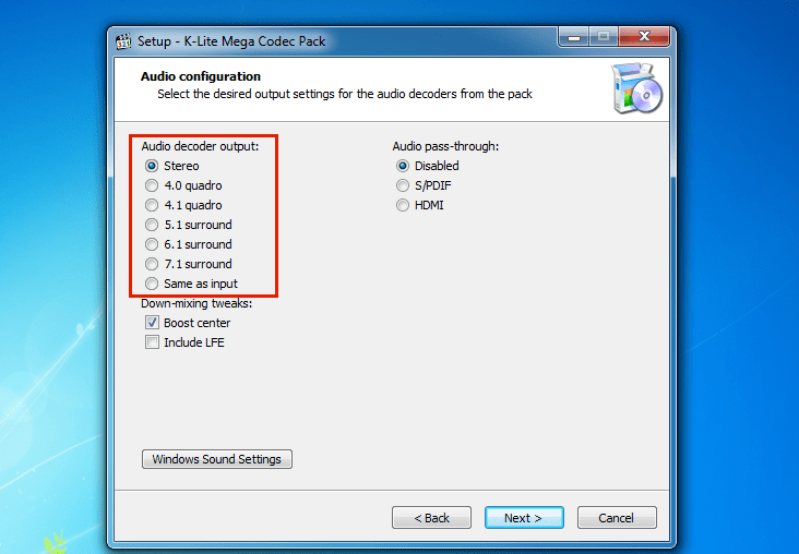 Si tenemos algun sistema de bocinas conectado a nuestra computadora podemos escoger las salidas de audio multicanal para tener una mejor experiencia de sonido.
