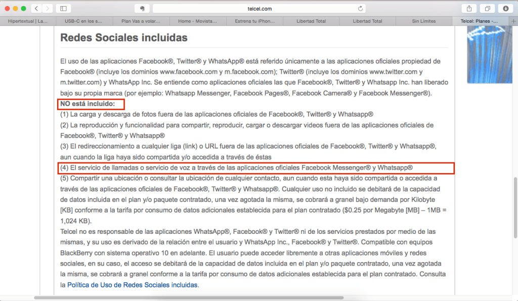 Condiciones de uso de redes sociales con Telcel